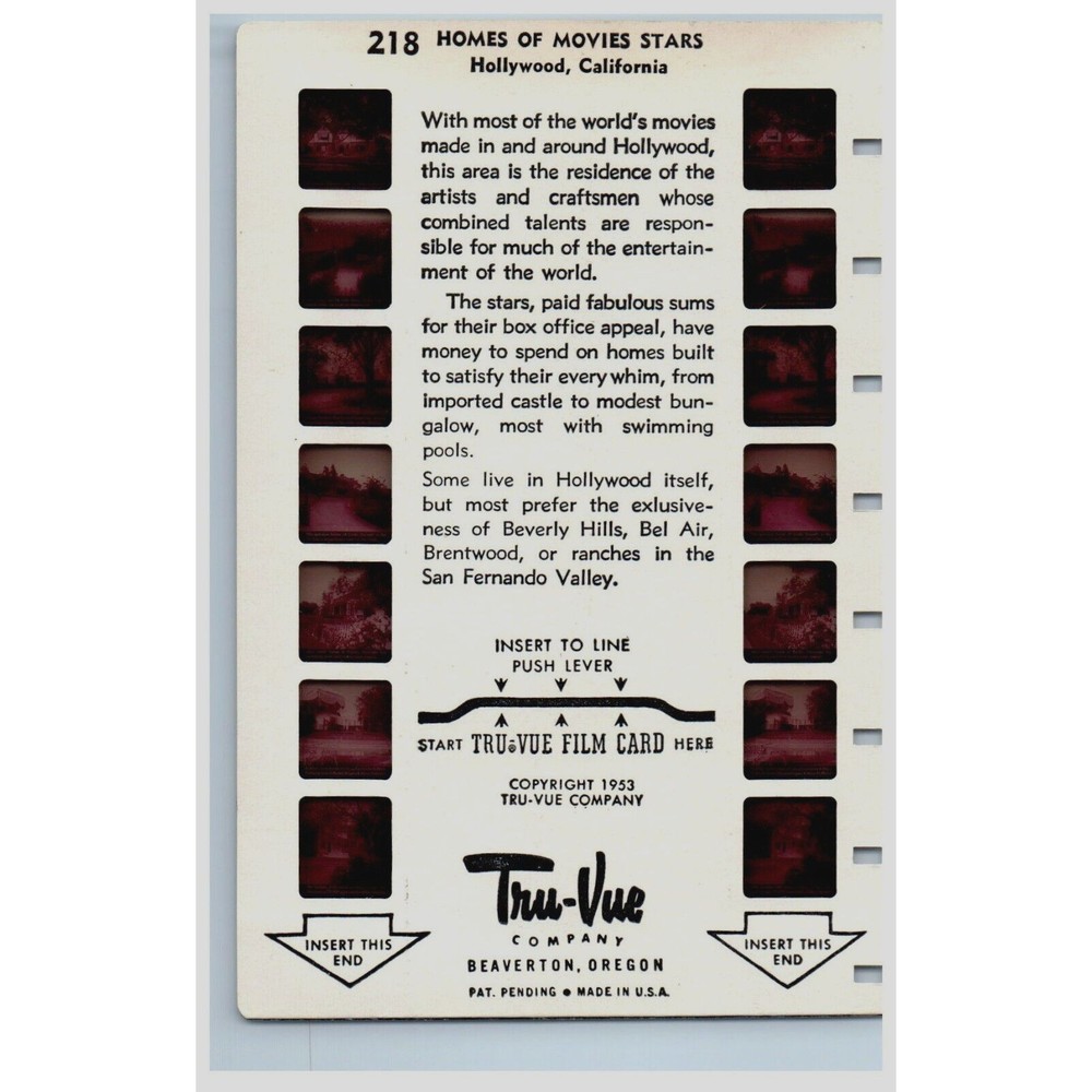 Vintage Tru Vue Tru-Vue Film Card Home Of‎ The Movie Stars Hollywood CA 218
